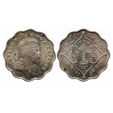 Edward VII, Copper-Nickel, 1 Anna, 1907, Bombay Mint, 'B' incused, Die crack on Obv and Re
