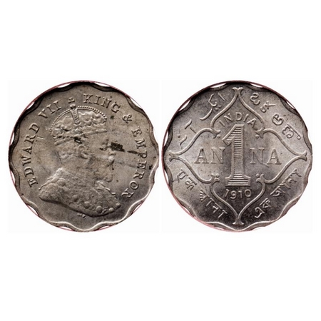 Edward VII, Copper-Nickel, 1 Anna, 1910, Bombay Mint, 'B' incused, Scalloped round, With o