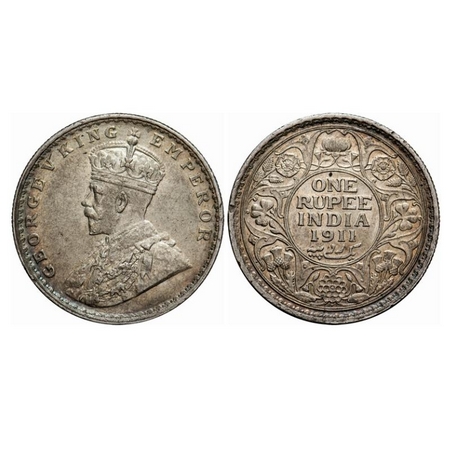 George V, Silver, Rupee, 1911, Bombay Mint, Dot, Pig Type, Die crack on Rev. GK 1022. Abou