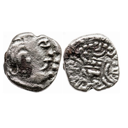 Kalachuris, Krishnaraja, Silver, 1.39g, Obv: Bust of the king facing right, Rev: seated bu