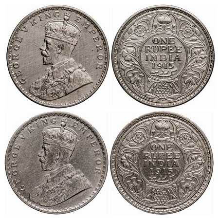 George V, Silver, Rupee (2 Coins), 1915, Calcutta Mint, No dot, Bombay Mint, Dot. GK 1031,