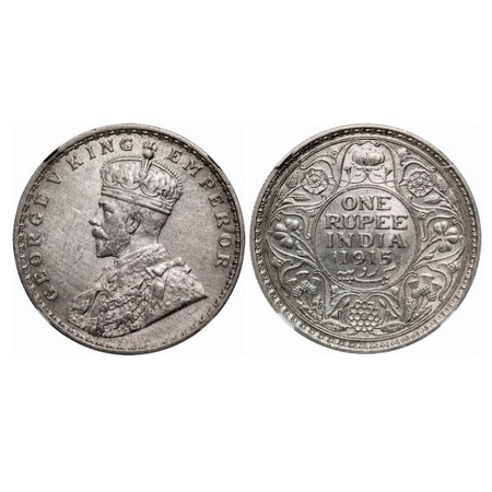 George V, Silver, Rupee, 1915, Calcutta Mint, No dot. GK 1031. NGC Slabbed UNC Details. Ra