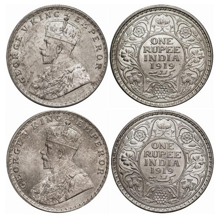 George V, Silver, Rupee (2 Coins), 1919, 1) Calcutta Mint, No dot, 2) Bombay Mint, Dot, Gh