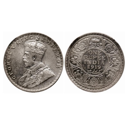 George V, Silver, Rupee, 1919, Bombay Mint, Dot. GK 1040. NGS Slabbed MS 61. Rare.