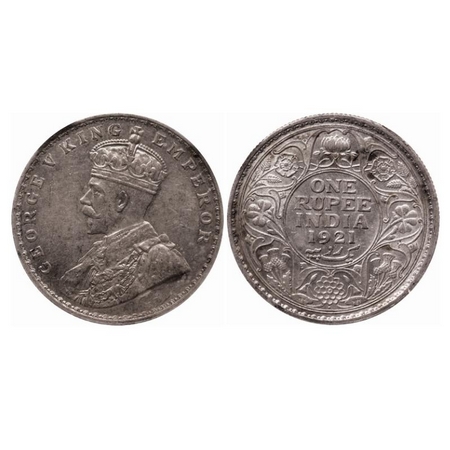 George V, Silver, Rupee, 1921, Bombay Mint, Dot. GK 1043. NGS Slabbed AU 58+. Rare.