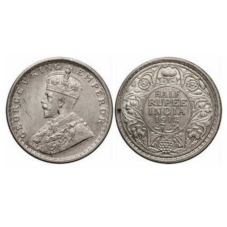 George V, Silver, Half Rupee, 1912, Calcutta Mint, No dot, Re-drawn elephant, Alphabate 'D