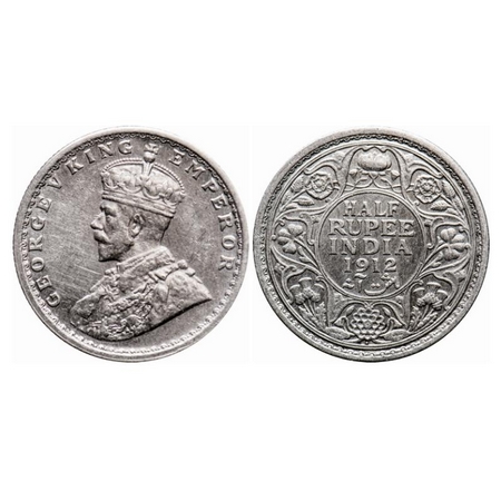 George V, Silver, Half Rupee, 1912, Calcutta Mint, No dot, Re-drawn Elephant. GK 1046. Ext