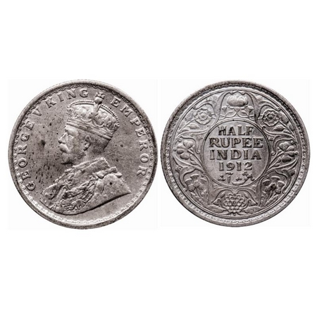 George V, Silver, Half Rupee, 1912, Calcutta Mint, No dot, Re-drawn Elephant. GK 1046. Abo