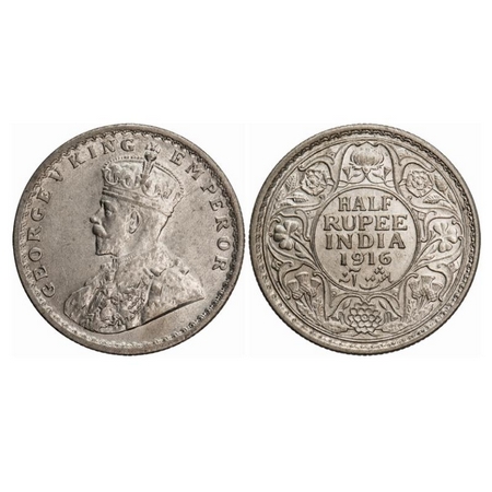 George V, Silver, Half Rupee, 1916, Calcutta Mint, No dot. GK 1053. Extremely Fine. Scarce