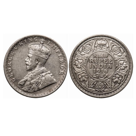 George V, Silver, Half Rupee, 1916, Bombay Mint, Dot. GK 1054. Very Fine+. Scarce.