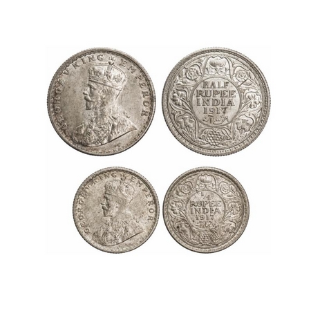 George V, Silver, (2 Coins), 1917, 1) Half Rupee, Bombay Mint, Dot, Ghost on Rev, 2) 1/4 R