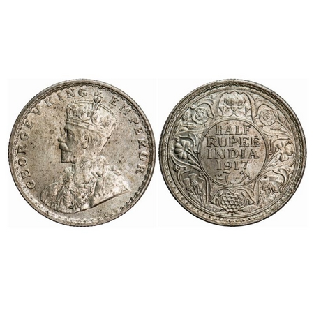 George V, Silver, Half Rupee, 1917, Bombay Mint, Dot. GK 1055. Almost Uncirculated with or