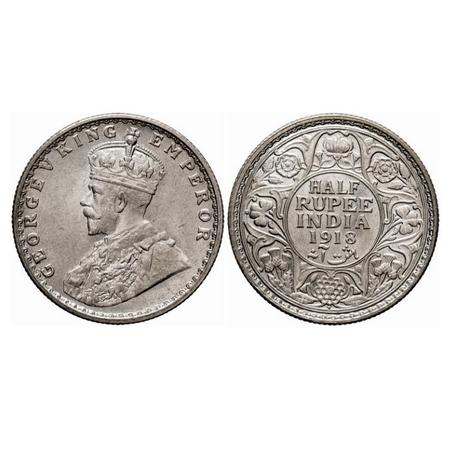 George V, Silver, Half Rupee, 1918, Bombay Mint, Dot. GK 1056. Brilliant Uncirculated. Ver