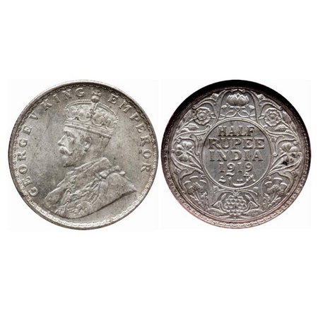 George V, Silver, Half Rupee, 1919, Bombay Mint, Dot. GK 1057. NGS Slabbed AMS 58+. Scarce