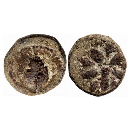 Mandsaur, Lead, 4.35g, 5th c., Conch coin, Obv: Stylised conch, Rev: Lotus with conch at e