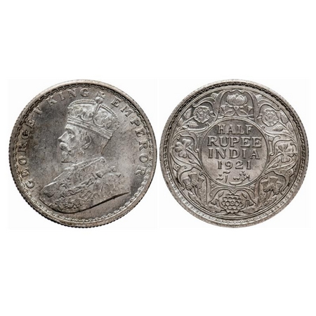 George V, Silver, Half Rupee, 1921, Calcutta Mint, No dot. GK 1058. Brilliant Uncirculated