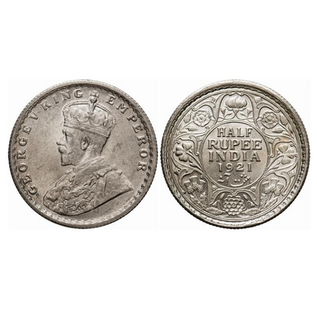 George V, Silver, Half Rupee, 1921, Calcutta Mint, No dot, With original mint luster. GK 1