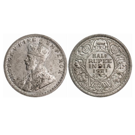 George V, Silver, Half Rupee, 1921, Calcutta Mint, No dot. GK 1058. Extremely Fine. Scarce