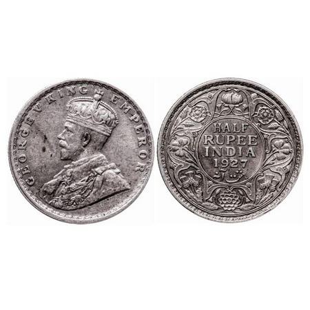 George V, Silver, Half Rupee, 1927, Calcutta Mint, No dot, Die doubling of few alphabets i