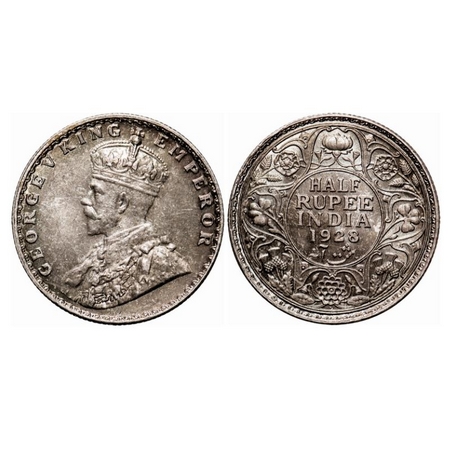 George V, Silver, Half Rupee, 1928, Bombay Mint, Dot. GK 1070. Uncirculated, Toned. Scarce