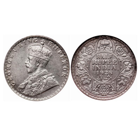 George V, Silver, Half Rupee, 1928, Bombay Mint, Dot. GK 1070. NGS Slabbed MS 60+. Rare.