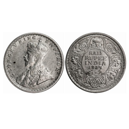 George V, Silver, Half Rupee, 1929, Calcutta Mint, No dot, Ghost on Obv and Rev. GK 1071.