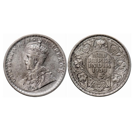 George V, Silver, Half Rupee, 1930, Calcutta Mint, No dot, Die doubling of 'King' 'Emperor