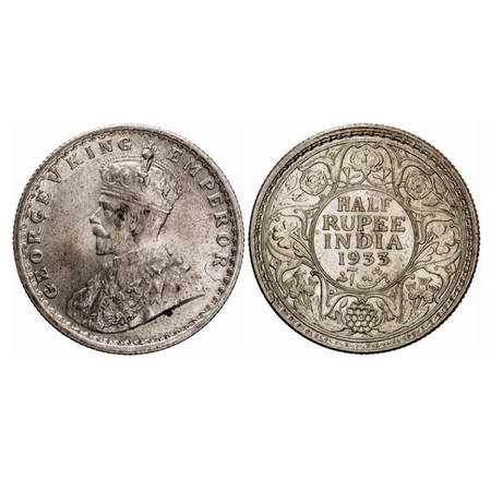 George V, Silver, Half Rupee, 1933, Calcutta Mint, No dot. GK 1073. Almost Uncirculated, D