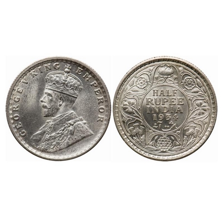 George V, Silver, Half Rupee, 1934, Calcutta Mint, No dot, Die doubling of few Alphabate o