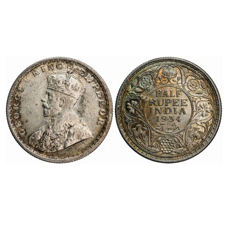 George V, Silver, Half Rupee, 1934, Calcutta Mint, No dot. GK 1074. Uncirculated with orig