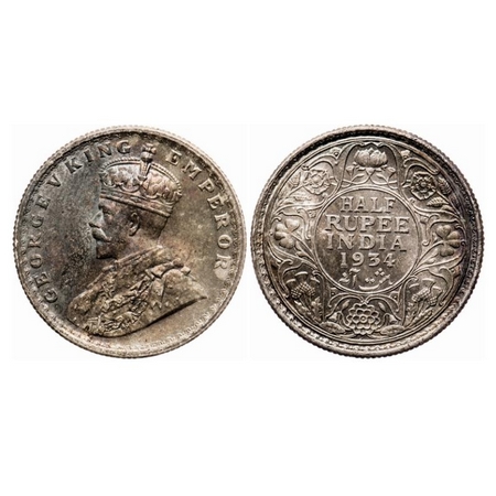 George V, Silver, Half Rupee, 1934, Calcutta Mint, No dot, Rainbow Toned, GK 1074. Uncircu