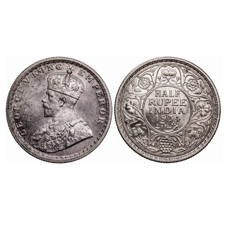 George V, Silver, Half Rupee, 1934, Calcutta Mint, No dot, with original mint luster. GK 1