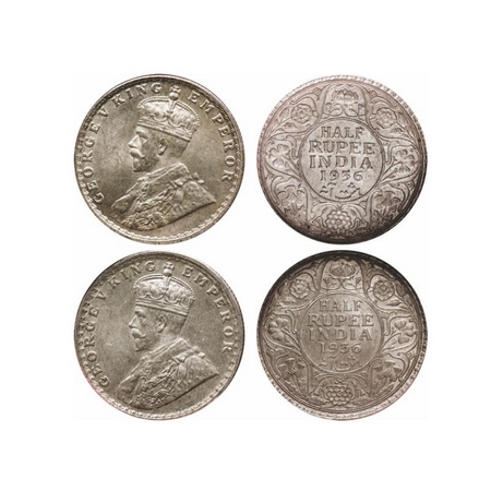 George V, Silver, Half Rupee (2 Slabs), 1936, 1) Calcutta Mint, No dot, Ghost on Rev, Die