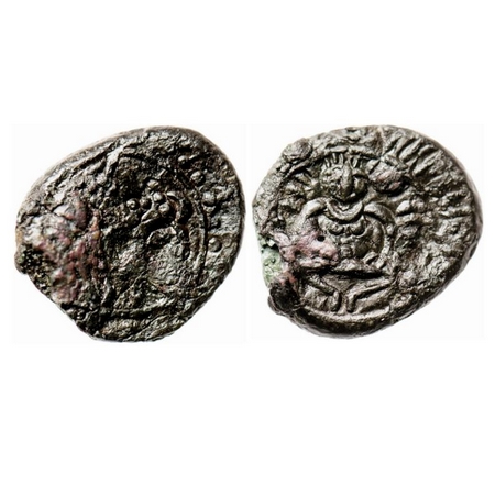 Post Vakataka, Vishnukundin, Copper Base Alloy, 2.94g, Obv: Lion (with gaping mouth and cu