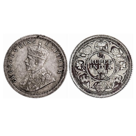 George V, Silver, 1/4 Rupee, 1911, Calcutta Mint, No dot, Pig type. GK 1080. Very Fine+. D
