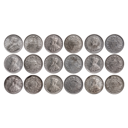 George V, Silver, 1/4 Rupee (9 Coins), 1912, Bombay Mint, Dot, 1913, Calcutta Mint, No dot