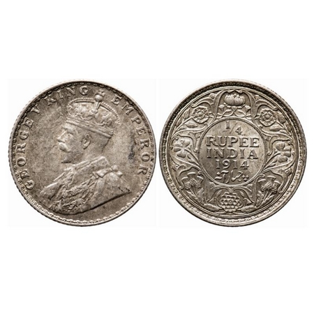 George V, Silver, 1/4 Rupee, 1914, Bombay Mint, Dot. GK 1086. Extremely Fine. Scarce.