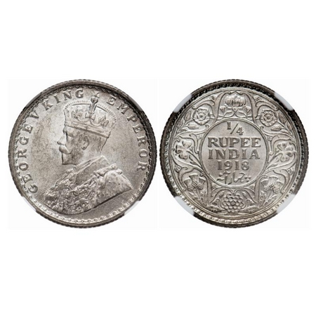 George V, Silver, 1/4 Rupee, 1918, Calcutta Mint, No dot. GK 1091. NGC Slabbed MS 64+. Rar