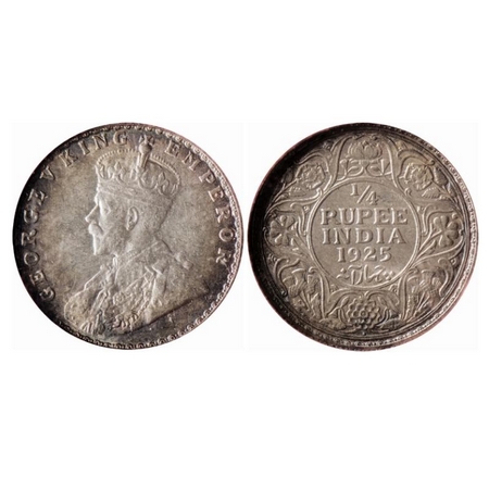 George V, Silver, 1/4 Rupee, 1925, Bombay Mint, Dot. GK 1093. NGS Slabbed MS 61+. Toned. R