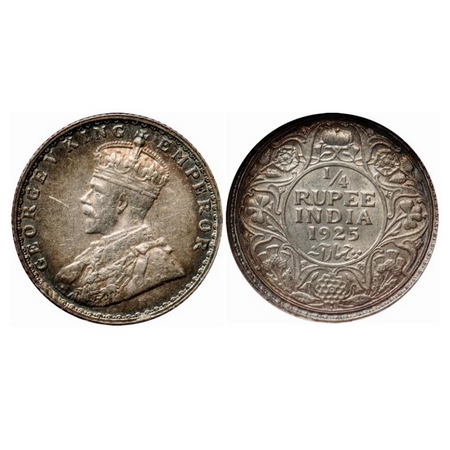 George V, Silver, 1/4 Rupee, 1925, Bombay Mint, Dot. GK 1093. NGS Slabbed MS 60+. Rainbow