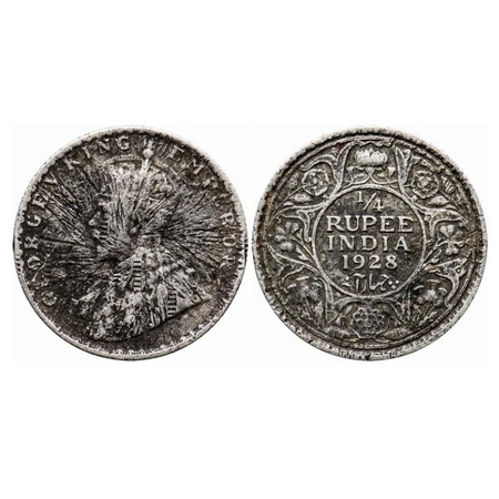 George V, Silver, 1/4 Rupee, 1928, Error, Sun burst Error on Obv. GK 1095. Very Fine. Rare