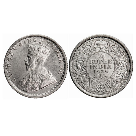 George V, Silver, 1/4 Rupee, 1929, Calcutta Mint, No dot. GK 1096. Brilliant Uncirculated.