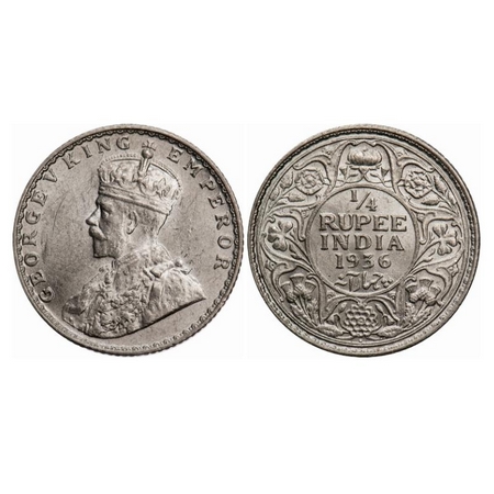 George V, Silver, 1/4 Rupee, 1936, Bombay Mint, Dot, Privy mark on Obv and Rev. GK 1100. B