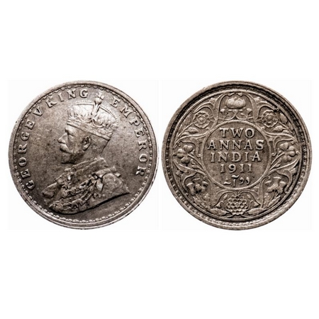 George V, Silver, 2 Annas, 1911, Calcutta Mint, No dot, Pig type. GK 1107. About Extremely