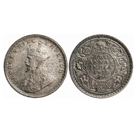 George V, Silver, 2 Annas, 1911, Calcutta Mint, No dot, Pig type. GK 1107. Rainbow Toned, 