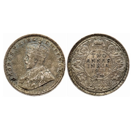 George V, Silver, 2 Annas, 1911, Calcutta Mint, No dot, Pig type. GK 1107. Extremely Fine.