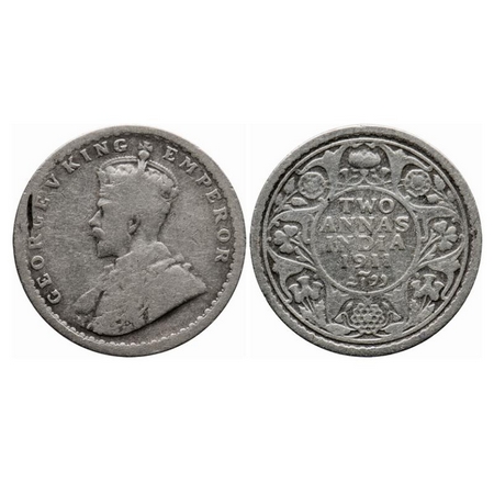 George V, Silver, 2 Annas, 1911, Calcutta Mint, No dot, Pig type. GK 1107. Fine, Cleaned.