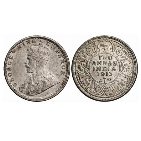 George V, Silver, 2 Annas, 1913, Bombay Mint, Dot. GK 1111. Uncirculated. Very Scarce.