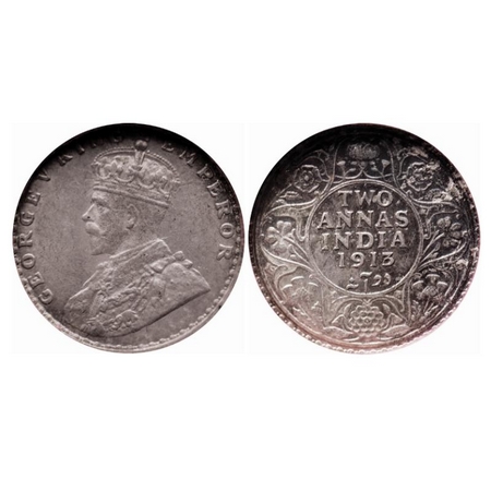 George V, Silver, 2 Annas, 1913, Bombay Mint, Dot, Ghost on Obv and Rev. GK 1111. NGS Slab