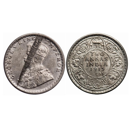 George V, Silver, 2 Annas, 1913, Bombay Mint, Dot, Ghost on Obv, Error, lamination Error o